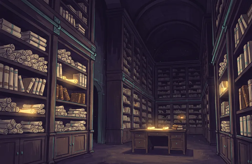 Painted illustration: glowing archive scrolls shelved in a night vault