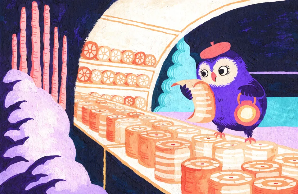 Painted illustration: an owl librarian inspecting glowing archive scrolls in a night vault