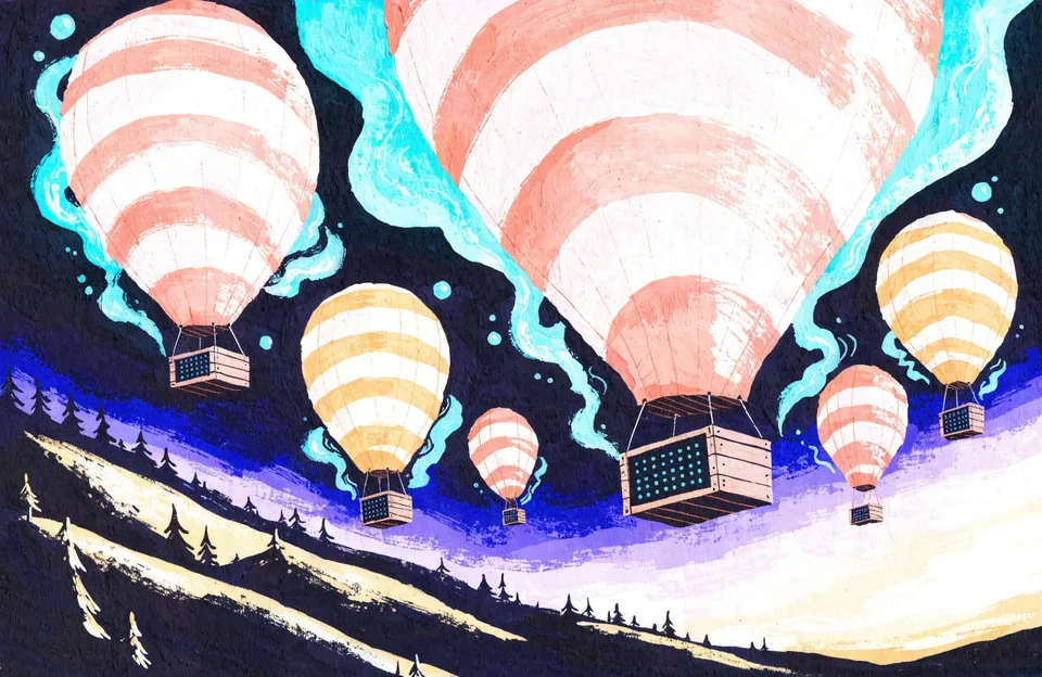 Painted illustration: hot-air balloons carrying server crates across a night sky toward dawn