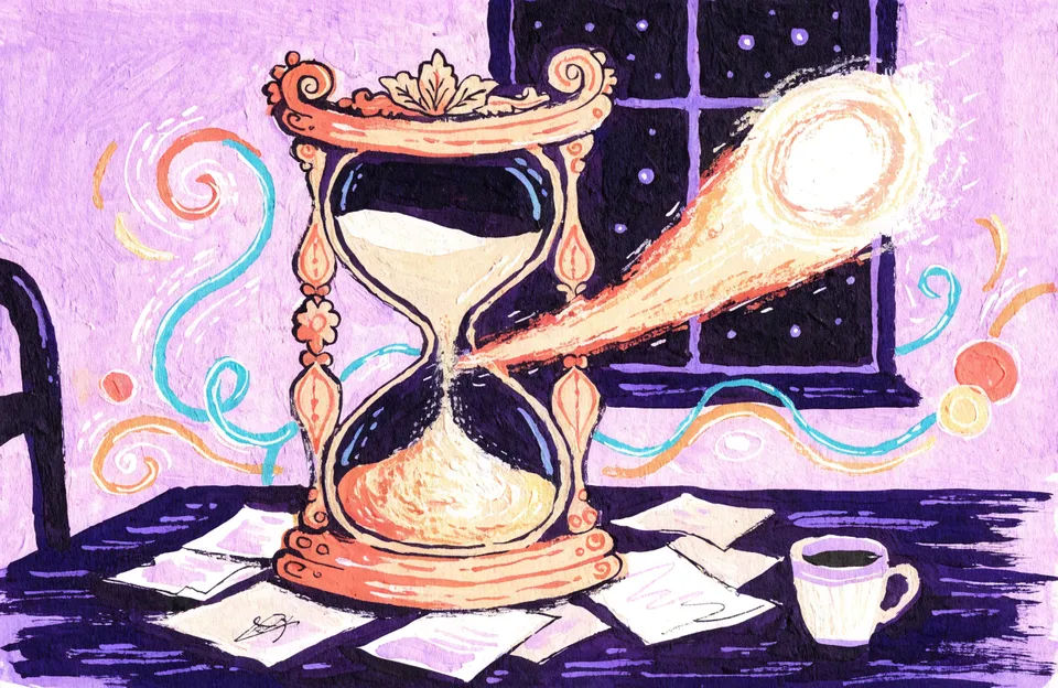 Painted illustration: an hourglass whose sand becomes a golden comet