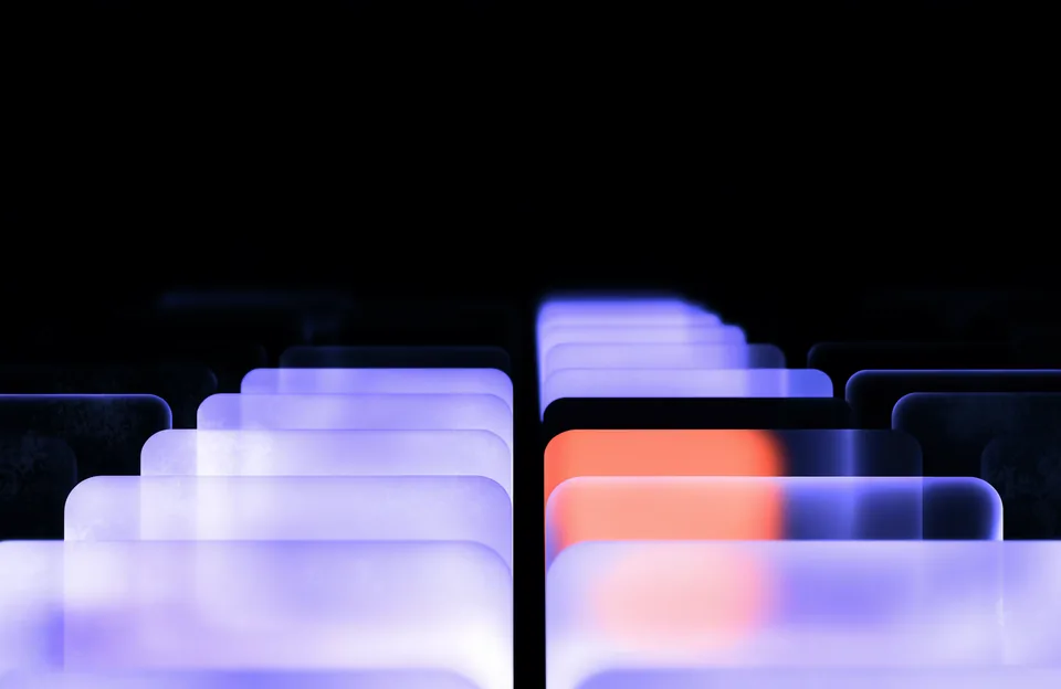 Abstract illustration: stacked panes glowing softly in a dark vault, one lit warm coral