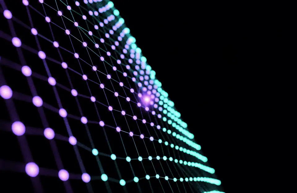 Abstract illustration: a lattice of small luminous nodes joined by threads of light, pulsing in unison