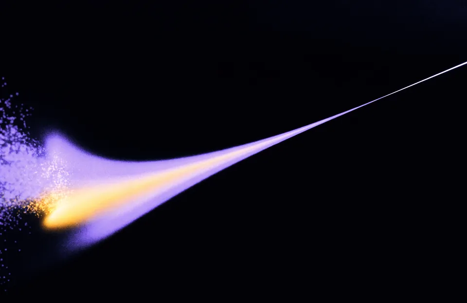Abstract illustration: slow scattered particles condensing into a single fast golden streak of light